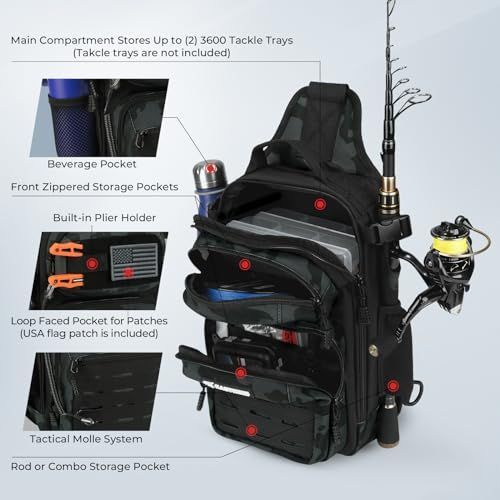 Fishing Sling Bag, Fishing Backpack with Rod Holder Fishing Bag Storge Fishing Gear, Gift for Men, Molle System, Water-Resistant Material - Green Camo - Size 1Pack