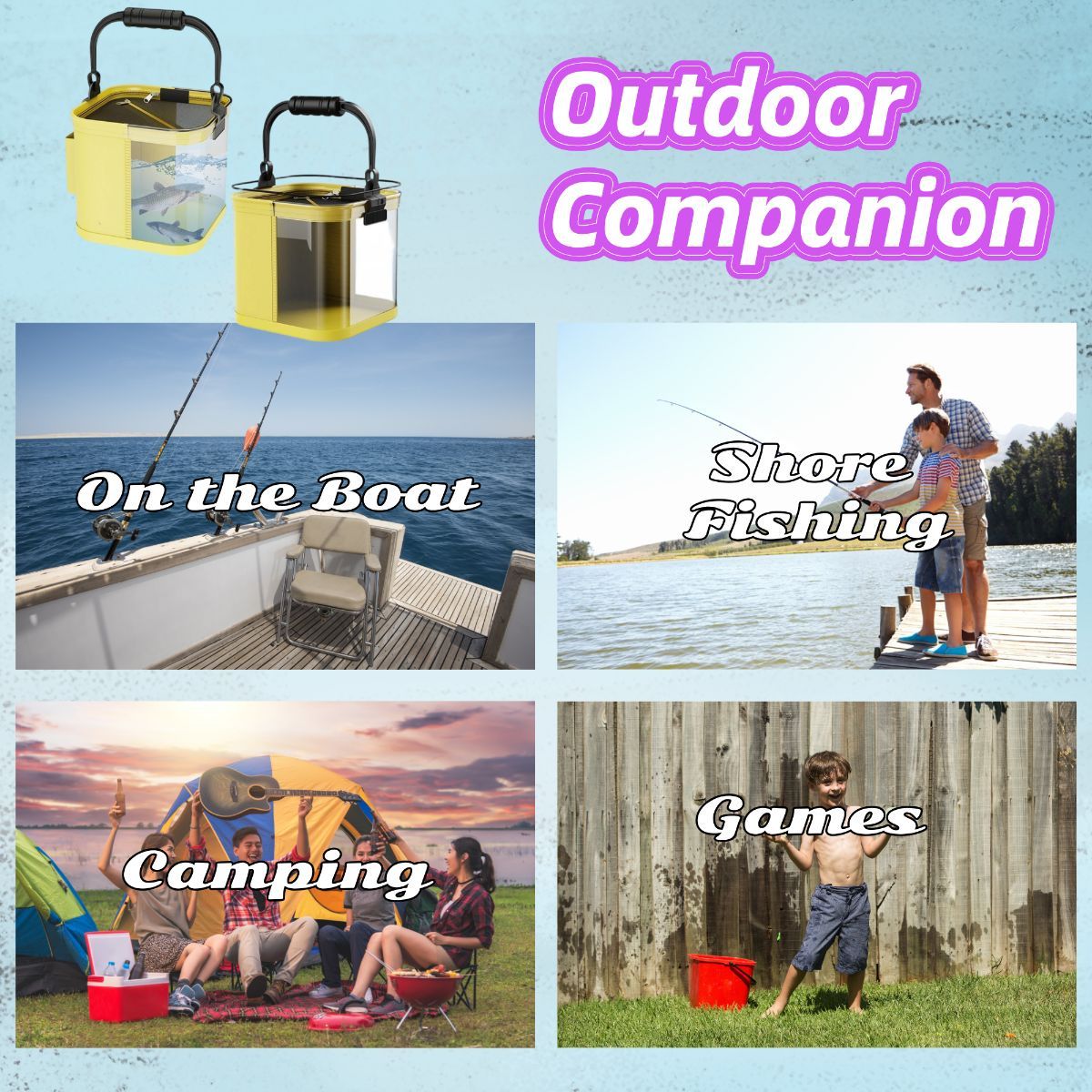 7.8*7.8*7.8in Foldable Fishing Bucket, Easy Water Hauling and Live Fish Bait, Portable Fishing Container for Camping, Fishing, Outdoors - Yellow