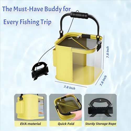 9.4*9.4*9.4in Foldable Fishing Bucket, Easy Water Hauling and Live Fish Bait, Portable Fishing Container for Camping, Fishing, Outdoors - Yellow - Size 9.4in