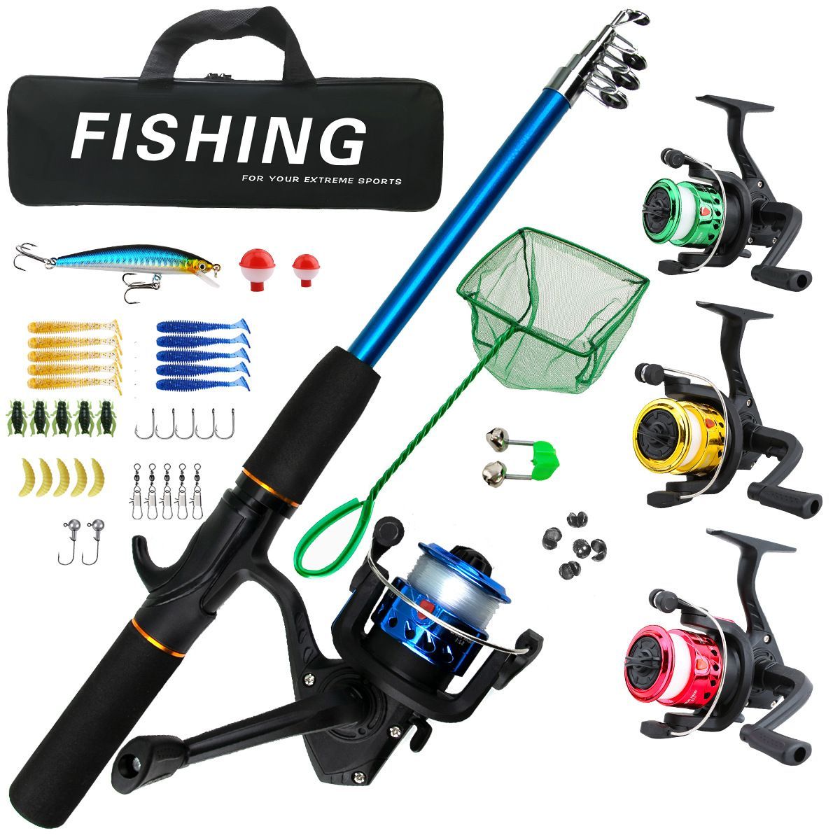 Beginner Fishing Set Fishing Tackles Including Reel Telescopic Rod Float Baits Hook Connector Landing Net & Storage Bag Rod - Green Set 2 - Size 1 Pack