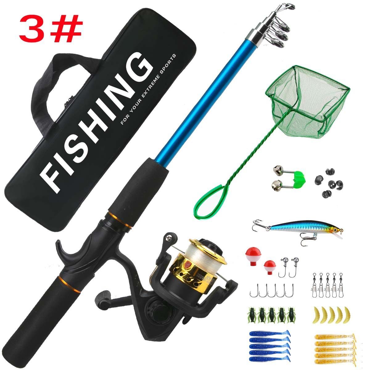 Beginner Fishing Set Fishing Tackles Including Reel Telescopic Rod Float Baits Hook Connector Landing Net & Storage Bag Rod - Green Set 4 - Size 1 Pack