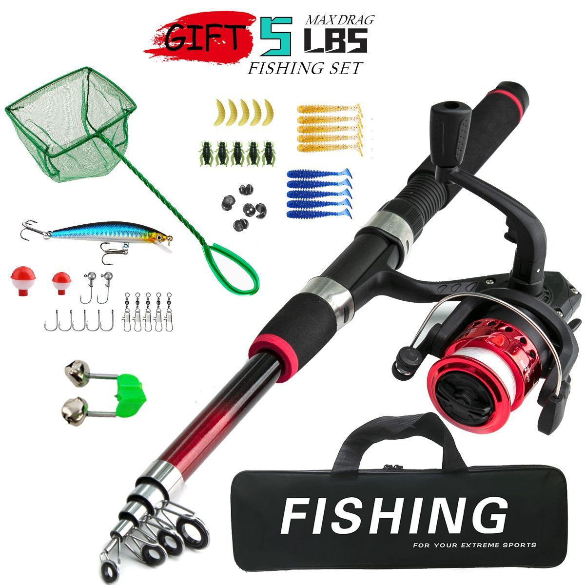 Beginner Fishing Set Fishing Tackles Including Reel Telescopic Rod Float Baits Hook Connector Landing Net & Storage Bag Rod - Green Set 4 - Size 1 Pack
