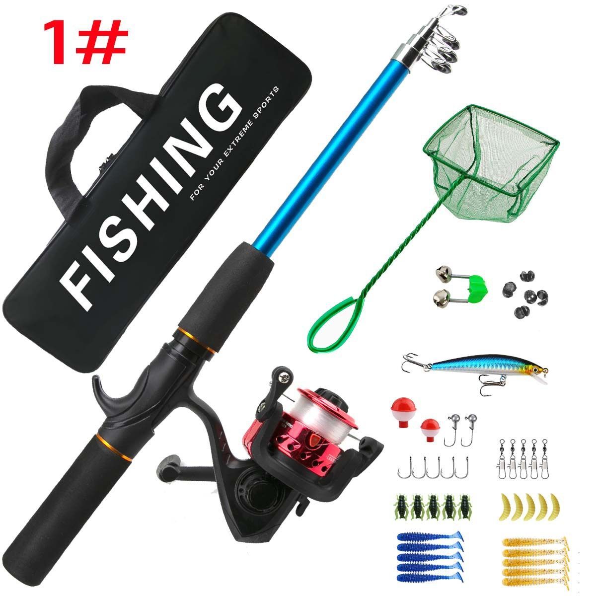 Beginner Fishing Set Fishing Tackles Including Reel Telescopic Rod Float Baits Hook Connector Landing Net & Storage Bag Rod - Red Set - Size 1 Pack