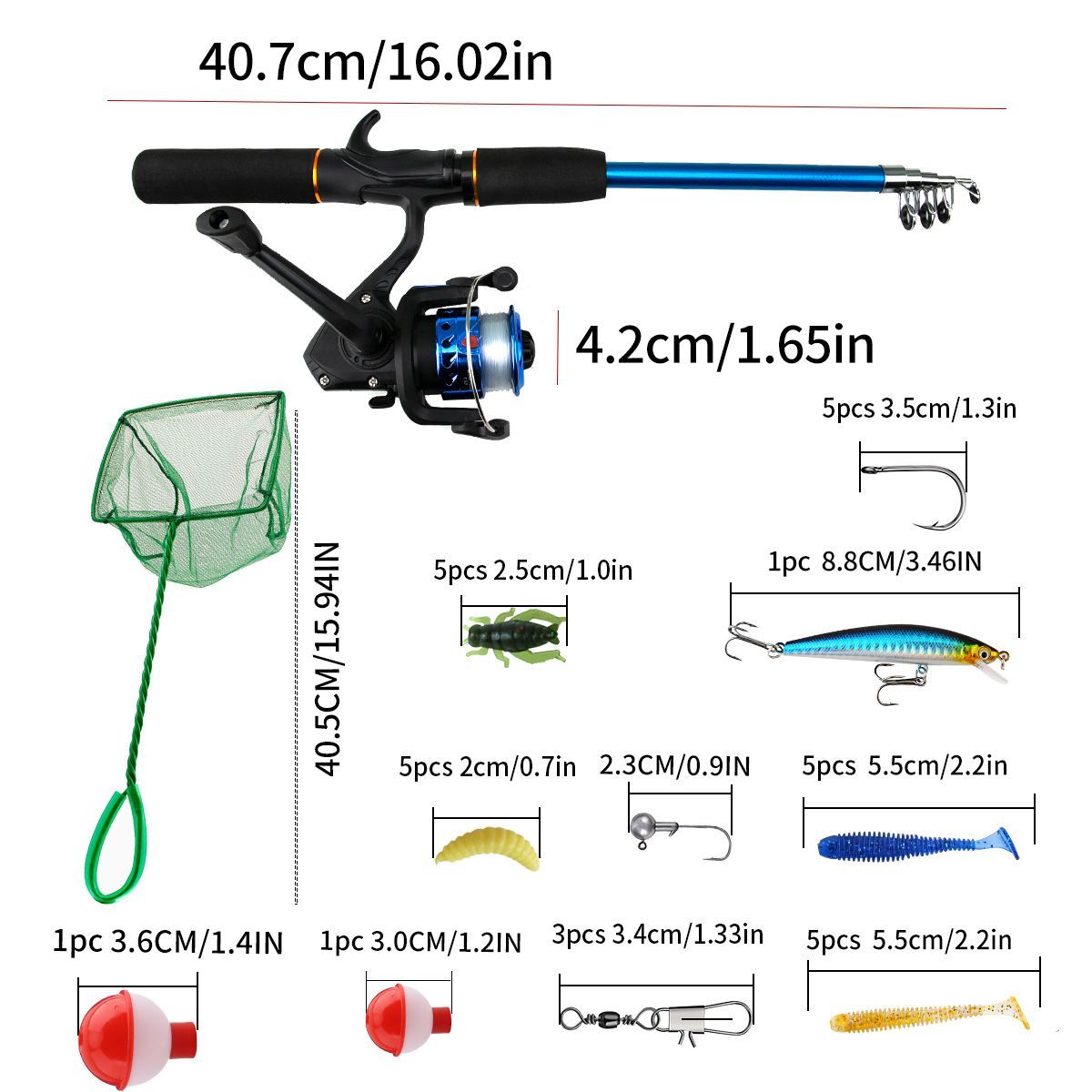 Beginner Fishing Set Fishing Tackles Including Reel Telescopic Rod Float Baits Hook Connector Landing Net & Storage Bag Rod - Red Set - Size 1 Pack