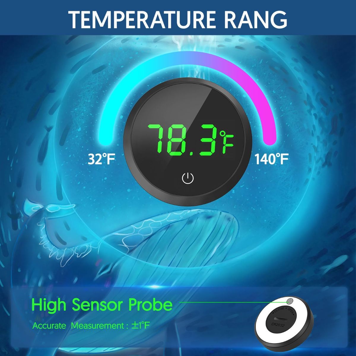 Digital Fish Tank Thermometer with LED Display & Touch Control – Wireless Aquarium Temperature Monitor ±1°F, Black, 1.77in