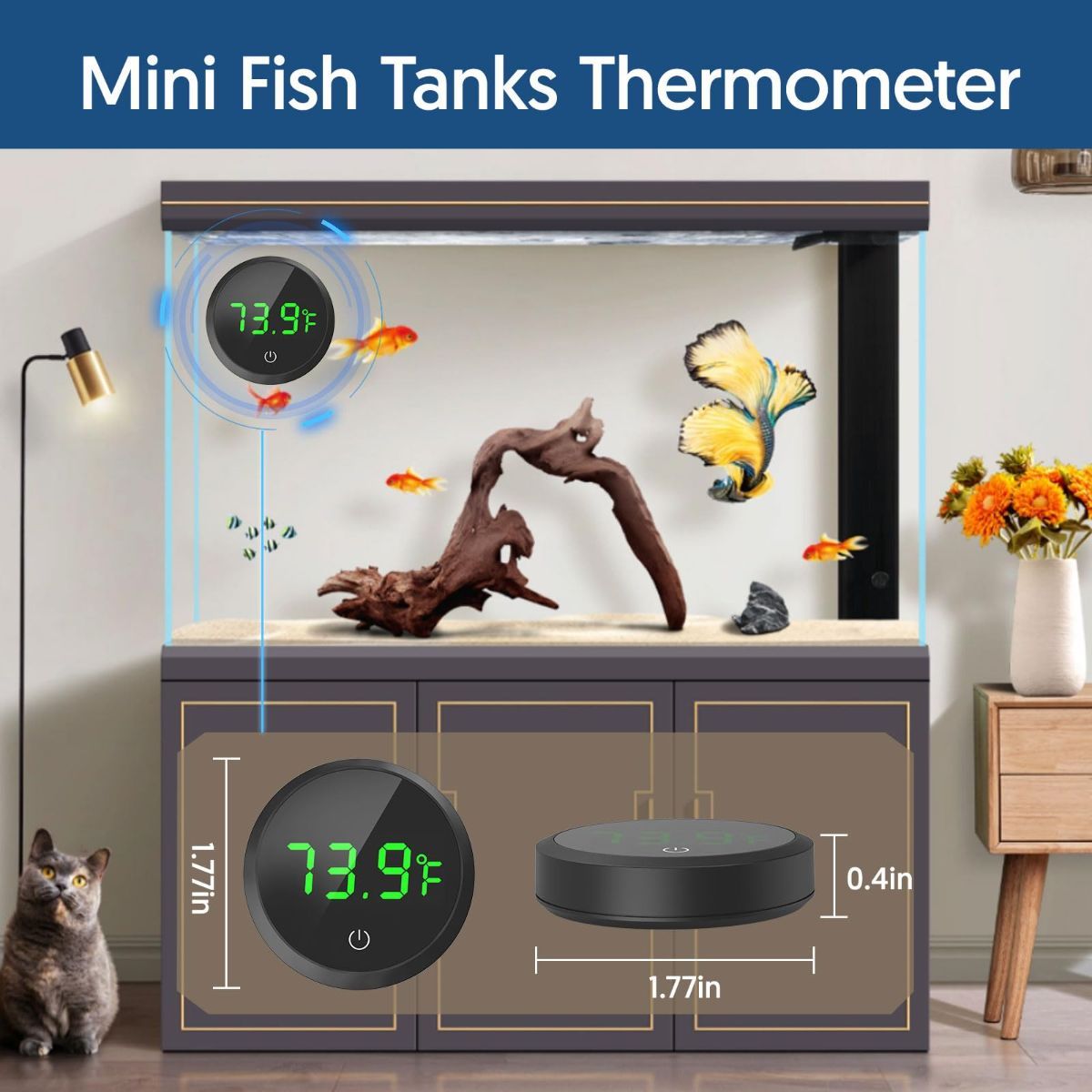 Digital Fish Tank Thermometer with LED Display & Touch Control – Wireless Aquarium Temperature Monitor ±1°F, White, 1.77in