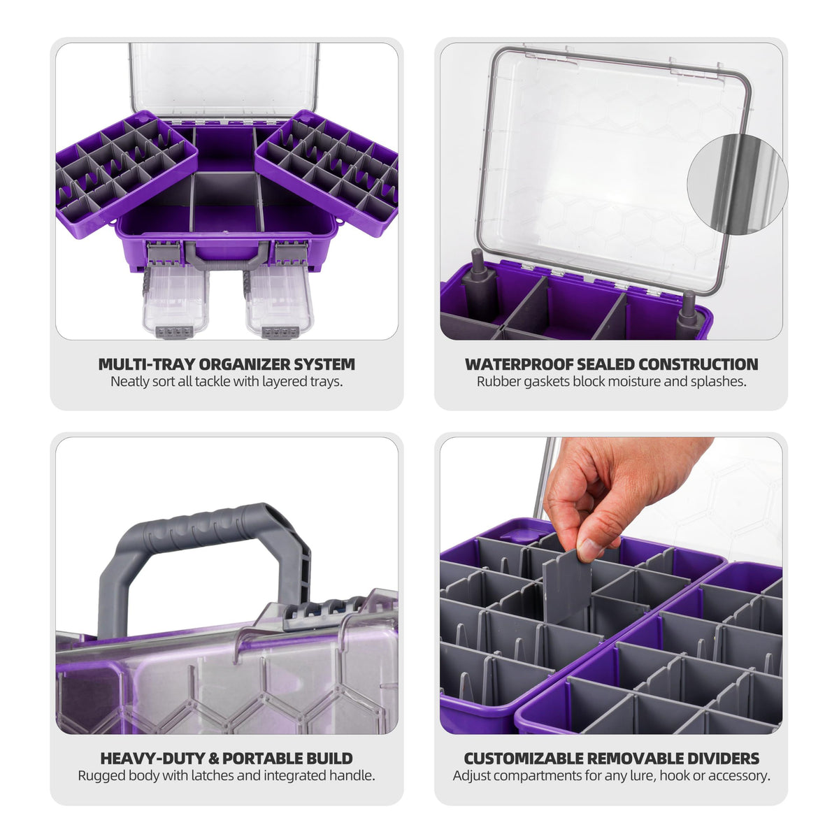 Upgraded Large Capacity Waterproof Floating Tackle Box with Rod Holder, Airtight Organizer with Removable Trays for Lures Hooks Baits, Durable Fishing Gear Storage Gift for Anglers(purple)