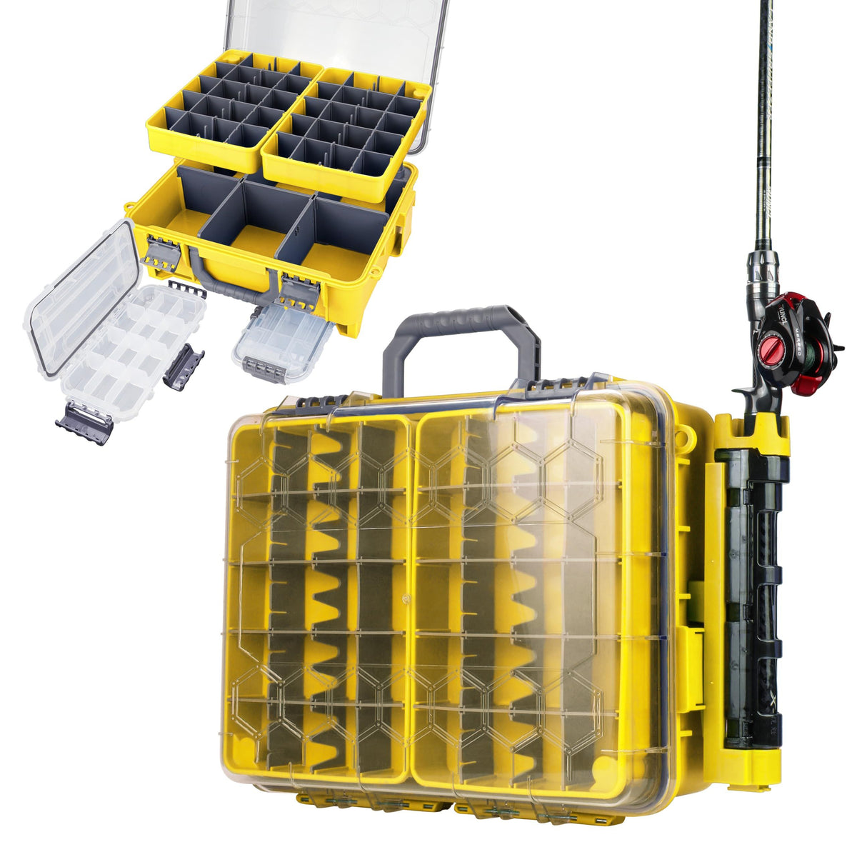 Upgraded Large Capacity Waterproof Floating Tackle Box with Rod Holder, Airtight Organizer with Removable Trays for Lures Hooks Baits, Durable Fishing Gear Storage Gift for Anglers(purple)
