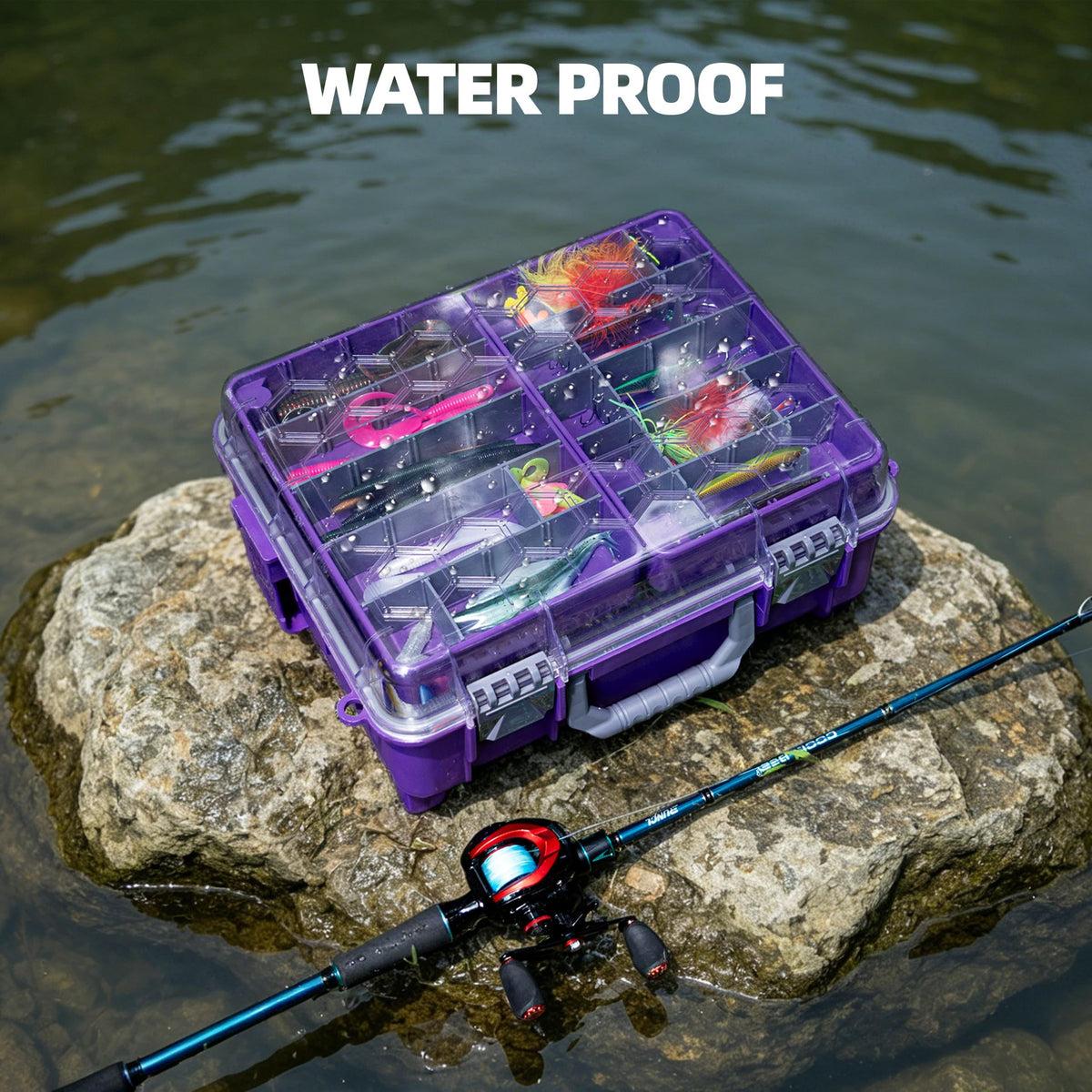 Upgraded Large Capacity Waterproof Floating Tackle Box with Rod Holder, Airtight Organizer with Removable Trays for Lures Hooks Baits, Durable Fishing Gear Storage Gift for Anglers(Blue)
