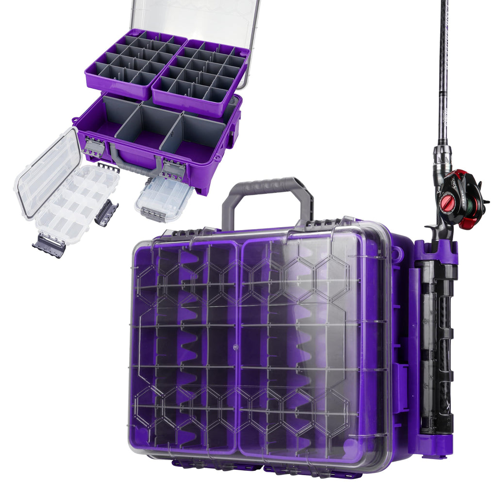 Upgraded Large Capacity Waterproof Floating Tackle Box with Rod Holder, Airtight Organizer with Removable Trays for Lures Hooks Baits, Durable Fishing Gear Storage Gift for Anglers(Blue)