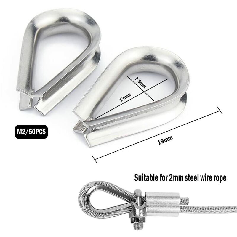50 pcs M2 304 Stainless Steel Wire ROpe Thimbles Heart Thimble For Steel Cable For 2Mm Wire ROpe