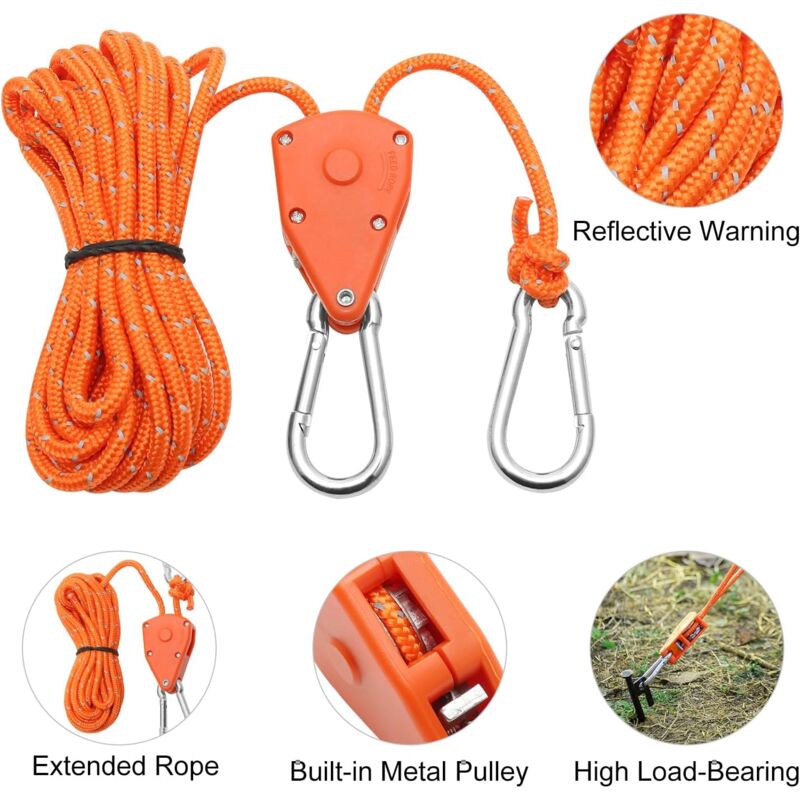 2 Pieces 4M Adjustable Ratchet ROpe, Orange 1/8 Ratchet Pulley With 2 Replacement Hooks, Reflective Ratchet ROpe
