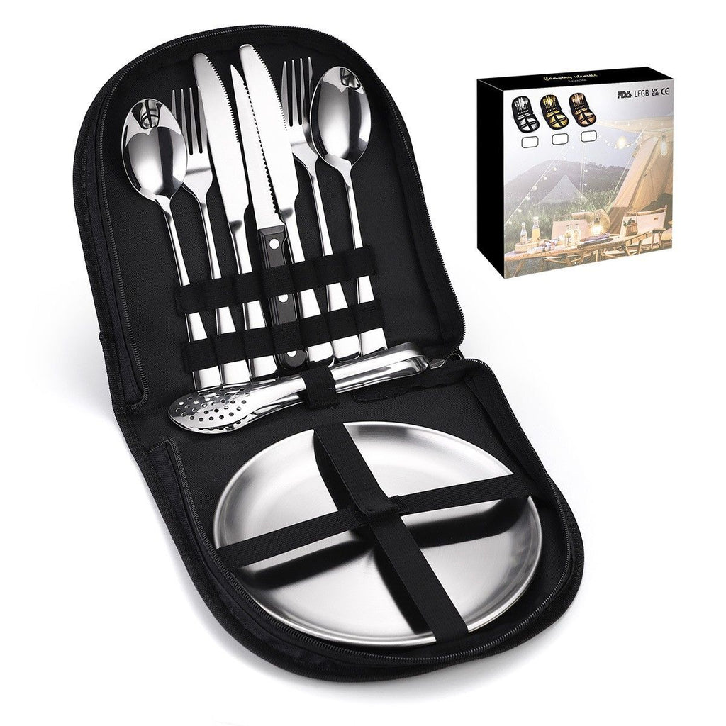 10Pcs Portable Camping Cutlery Set, Stainless Steel Picnic Utensils with Plates and Bottle Opener, Portable Cooking Utensils for 2, for Camping, Picnic, Outdoor Hiking