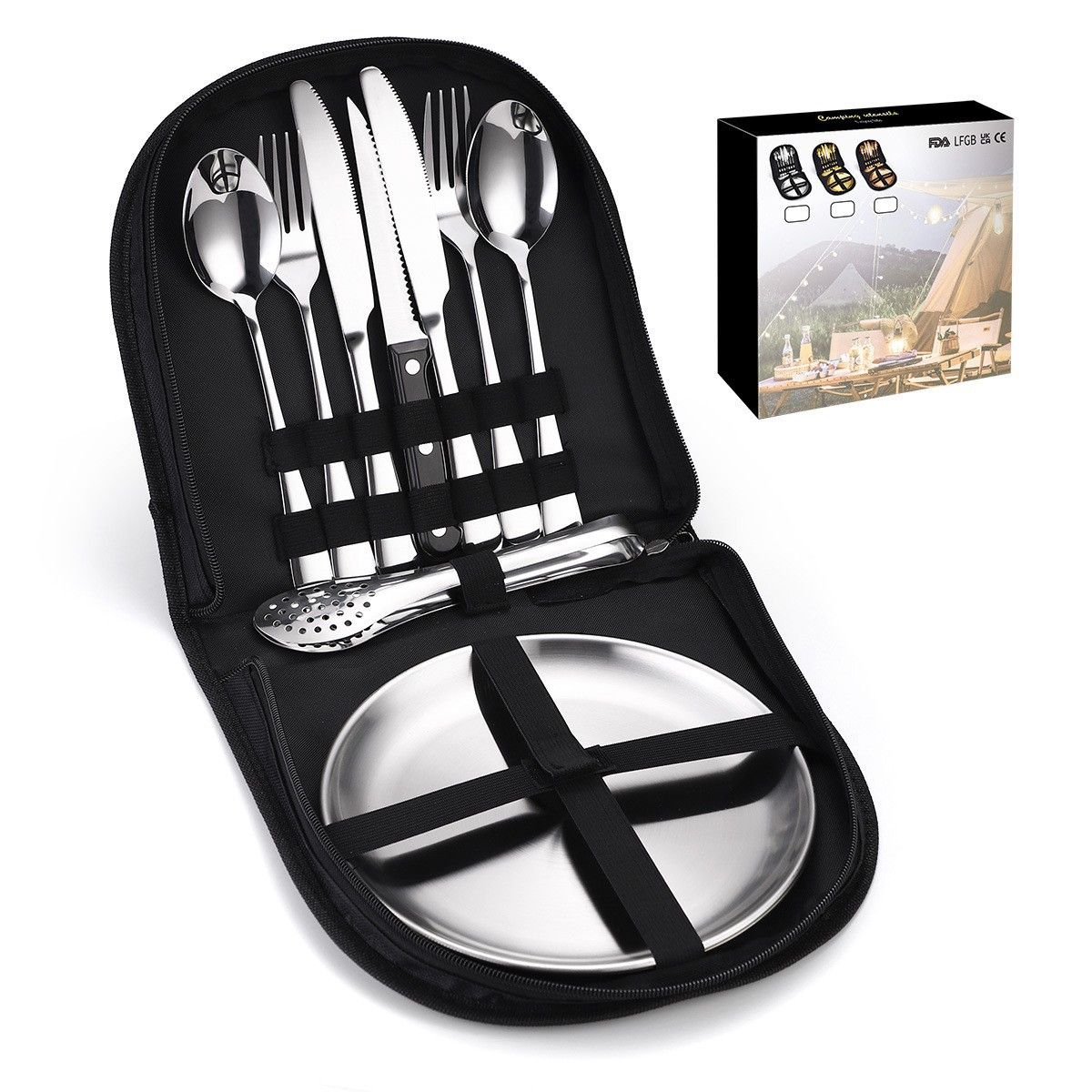 10Pcs Portable Camping Cutlery Set, Stainless Steel Picnic Utensils with Plates and Bottle Opener, Portable Cooking Utensils for 2, for Camping, Picnic, Outdoor Hiking