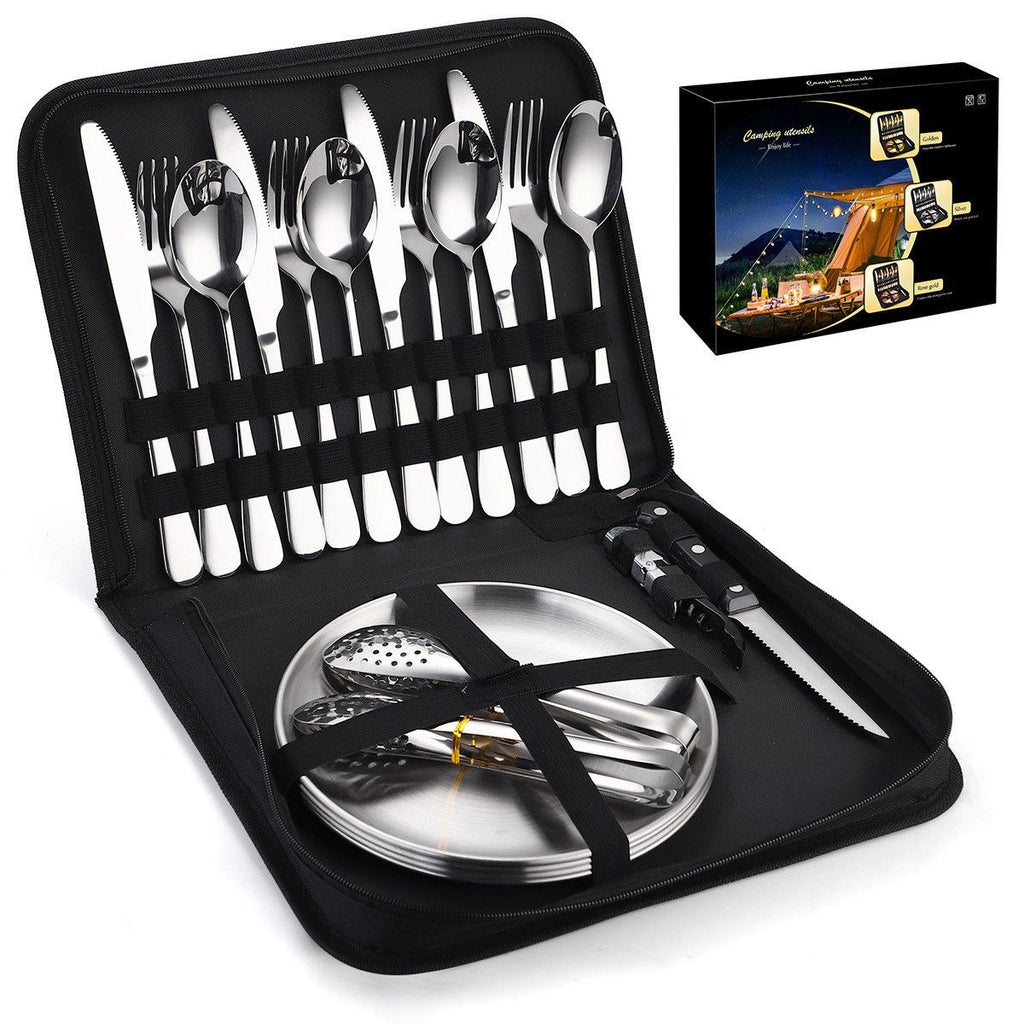 20Pcs Portable Camping Cutlery Set, Stainless Steel Picnic Utensils with Plates and Bottle Opener, Portable Cooking Utensils for 2, for Camping, Picnic, Outdoor Hiking