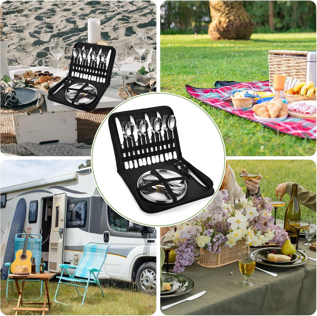20Pcs Portable Camping Cutlery Set, Stainless Steel Picnic Utensils with Plates and Bottle Opener, Portable Cooking Utensils for 2, for Camping, Picnic, Outdoor Hiking