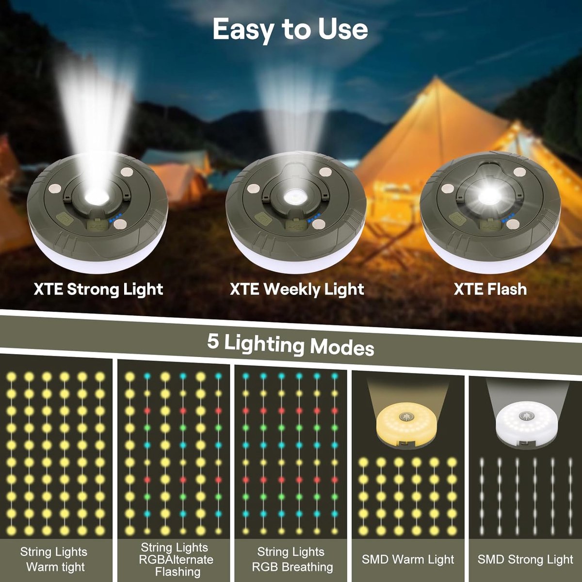 2-Piece Camping Light String 10 M - Warm Lights and Colored Light - Camping Lighting String - Light Garland - Ambience Strip - 4-in-1 Portable - Camp Lamp - Retractable - Waterproof - Solar String Lights - For Camping, Garden, Decoration - USB Rechargeabl