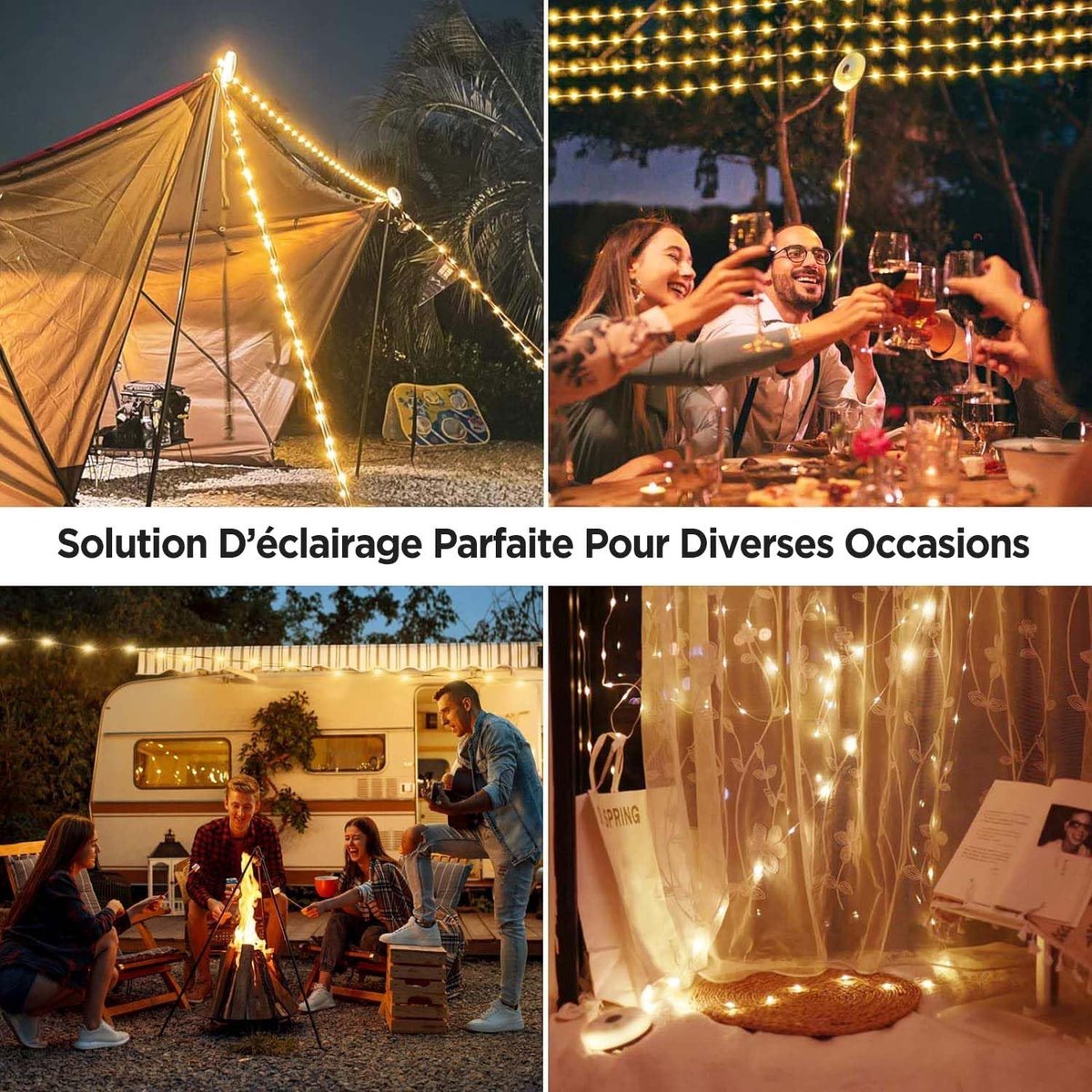 2-Piece Camping Light String 10 M - Warm Lights and Colored Light - Camping Lighting String - Light Garland - Ambience Strip - 4-in-1 Portable - Camp Lamp - Retractable - Waterproof - Solar String Lights - For Camping, Garden, Decoration - USB Rechargeabl