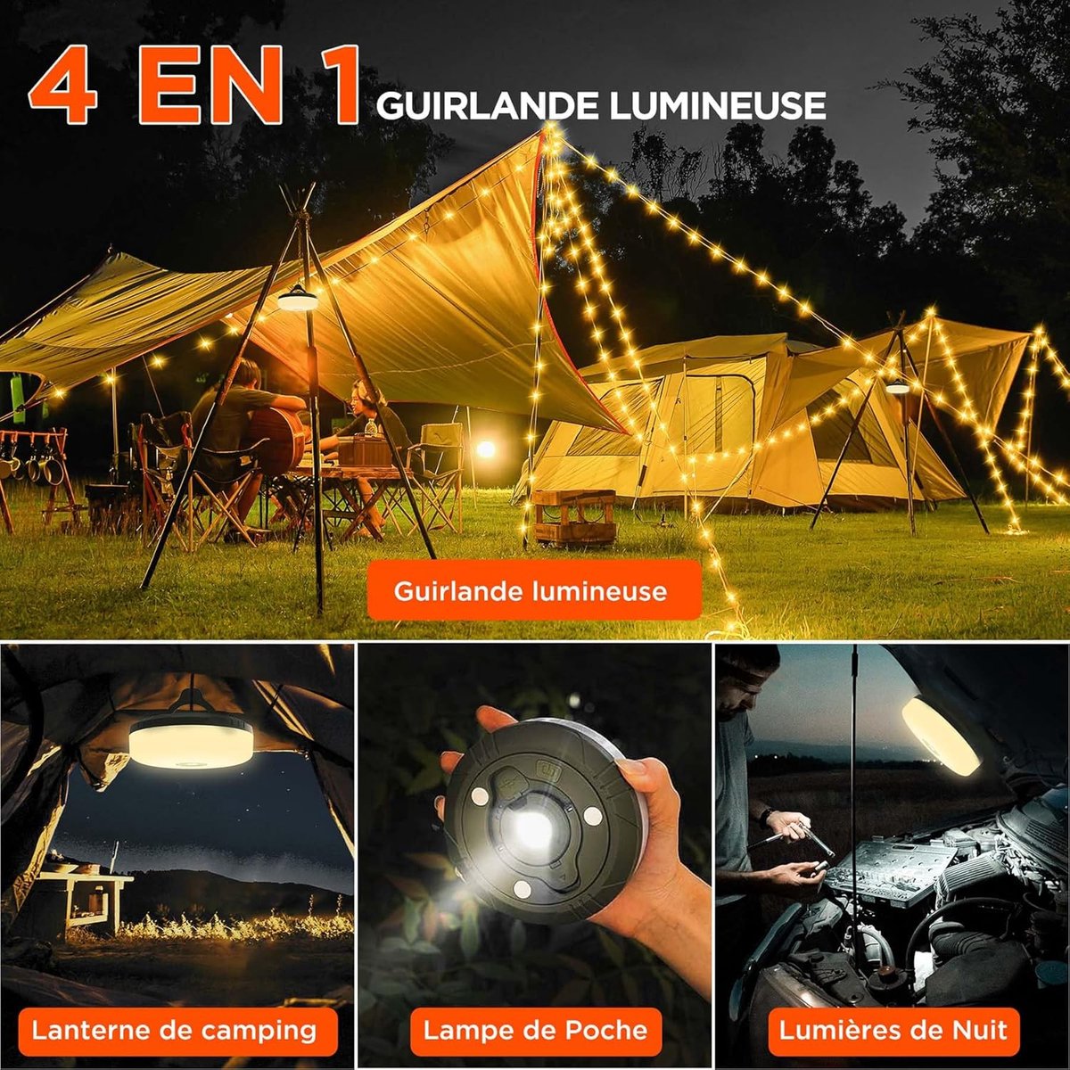 2-Piece Camping Light String 10 M - Warm Lights and Colored Light - Camping Lighting String - Light Garland - Ambience Strip - 4-in-1 Portable - Camp Lamp - Retractable - Waterproof - Solar String Lights - For Camping, Garden, Decoration - USB Rechargeabl