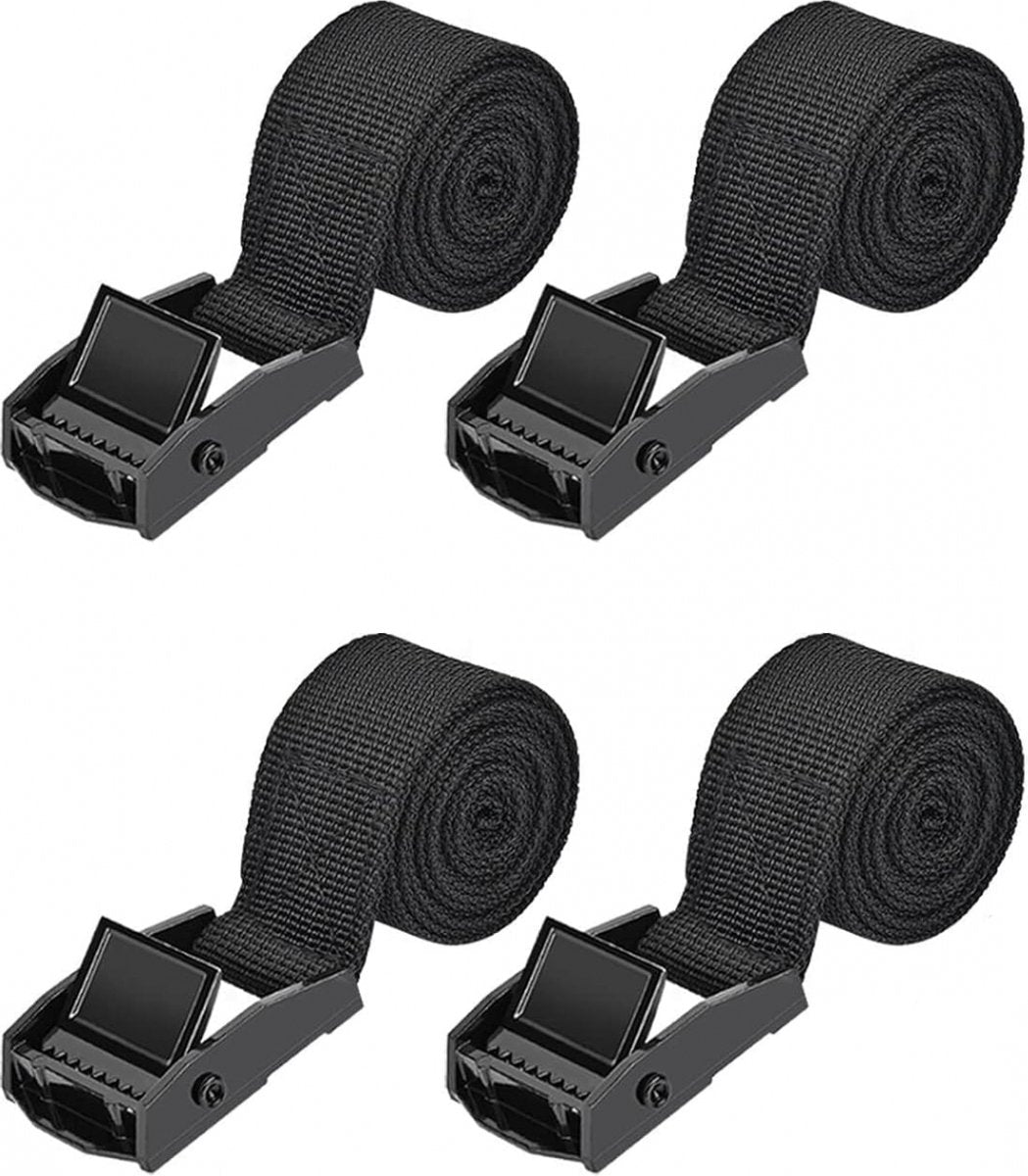 4 pieces - Tension straps - Lashing straps - Fastening straps - 25 MM * 1.5 meters long - Polyester fibers - Black - with buckle - adjustable - for vans, bicycles, trailers, luggage