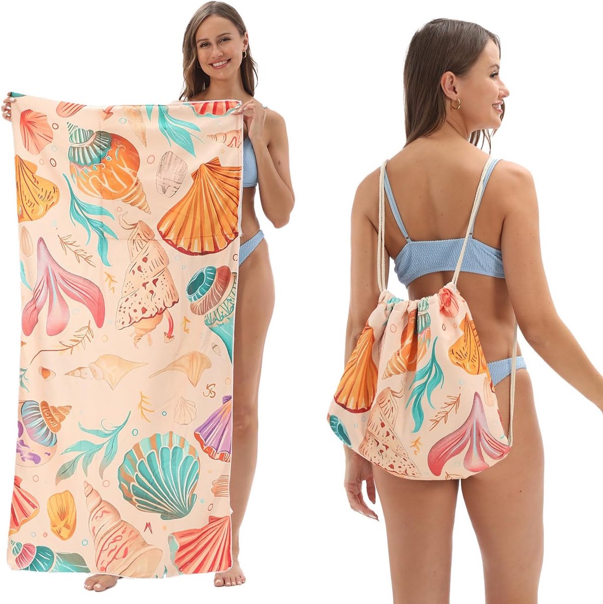 Beach Towel - 2-in-1 Foldable Beach Towel Backpack - Printed Bath Towel - Convertible Beach Mat & Carry Bag - Perfect Companion for Camping, Yoga & Travel（Shell）