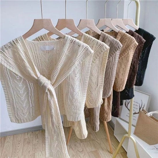 Knitted Openwork Shoulder Dress - Lightweight Cardigan & Scarf in One - Solid Color Goes With Everything - Black