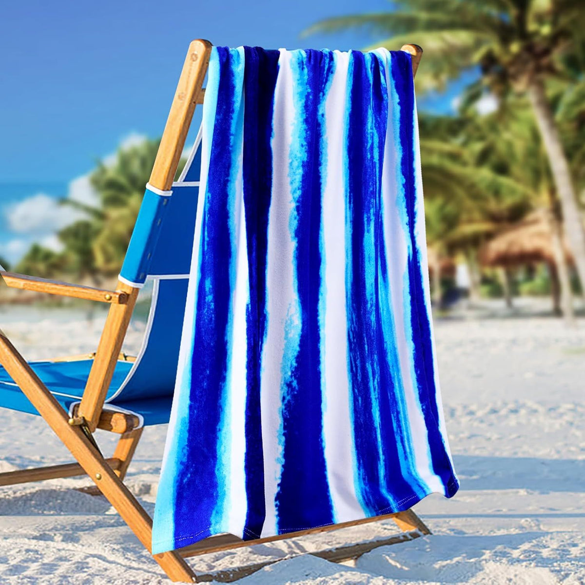 Oversized Terry Beach Towel, Soft Extra-Large Pool and Swim Towel for Adults, Travel, Cruise, Beach and Lounge Chairs, Blue Stripe, 152 x 183 cm