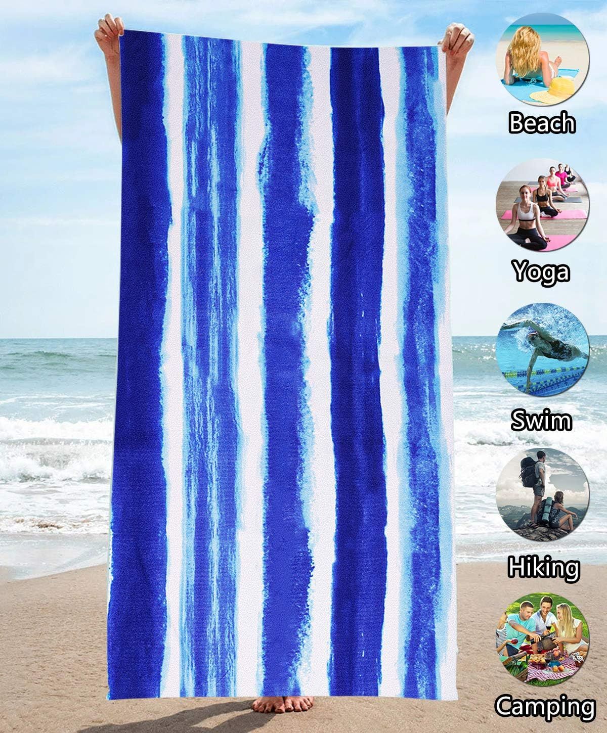Oversized Terry Beach Towel, Soft Extra-Large Pool and Swim Towel for Adults, Travel, Cruise, Beach and Lounge Chairs, Blue Stripe, 152 x 183 cm