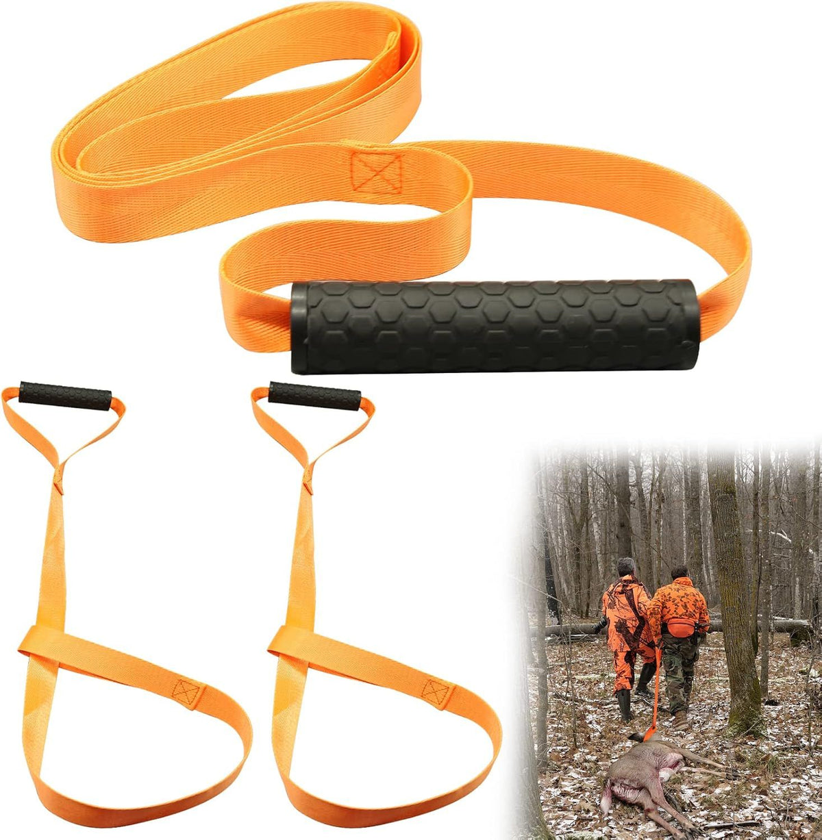 3 Pack Deer Drag Ropes with Non-Slip Handles, Heavy-Duty Hunting Pull Straps for Game Retrieval, Field Dressing and Outdoor Use, Orange