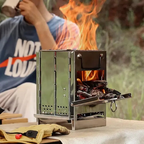 1 Piece Foldable Camping Wood Stove, Stainless Steel Portable Cooking Grill for Hiking, Picnics and Barbecues, Silver, 14.5 x 14 x 21 cm