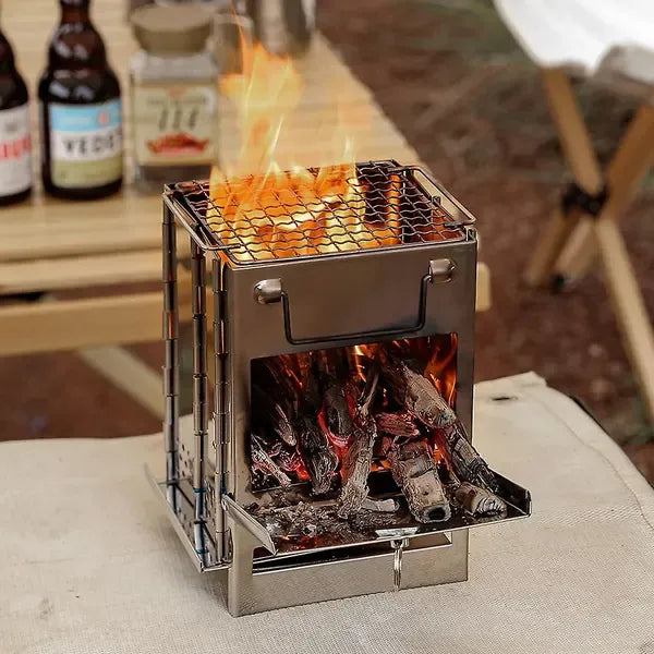 1 Piece Foldable Camping Wood Stove, Stainless Steel Portable Cooking Grill for Hiking, Picnics and Barbecues, Silver, 14.5 x 14 x 21 cm