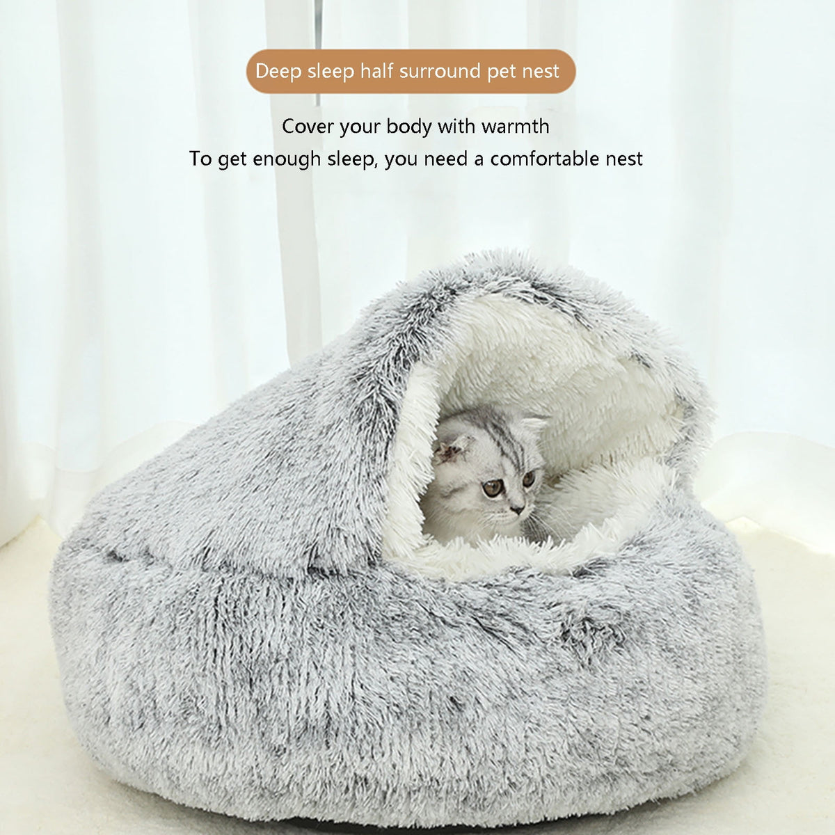 Calming Dog Beds & Cat Cave Bed with Hooded Cover, Removable Washable Round Beds for Small Medium Pets, Anti-Slip Plush Coved Bed for Pet (20"x20") O
