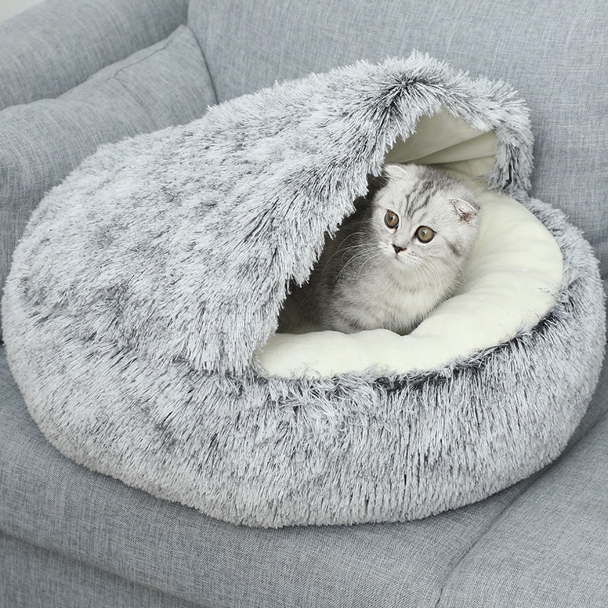 Calming Dog Beds & Cat Cave Bed with Hooded Cover, Removable Washable Round Beds for Small Medium Pets, Anti-Slip Plush Coved Bed for Pet (20"x20") O
