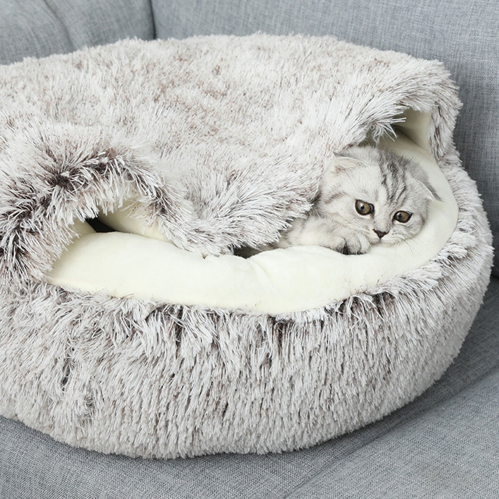 Calming Dog Beds & Cat Cave Bed with Hooded Cover, Removable Washable Round Beds for Small Medium Pets, Anti-Slip Plush Coved Bed for Pet (20"x20") P