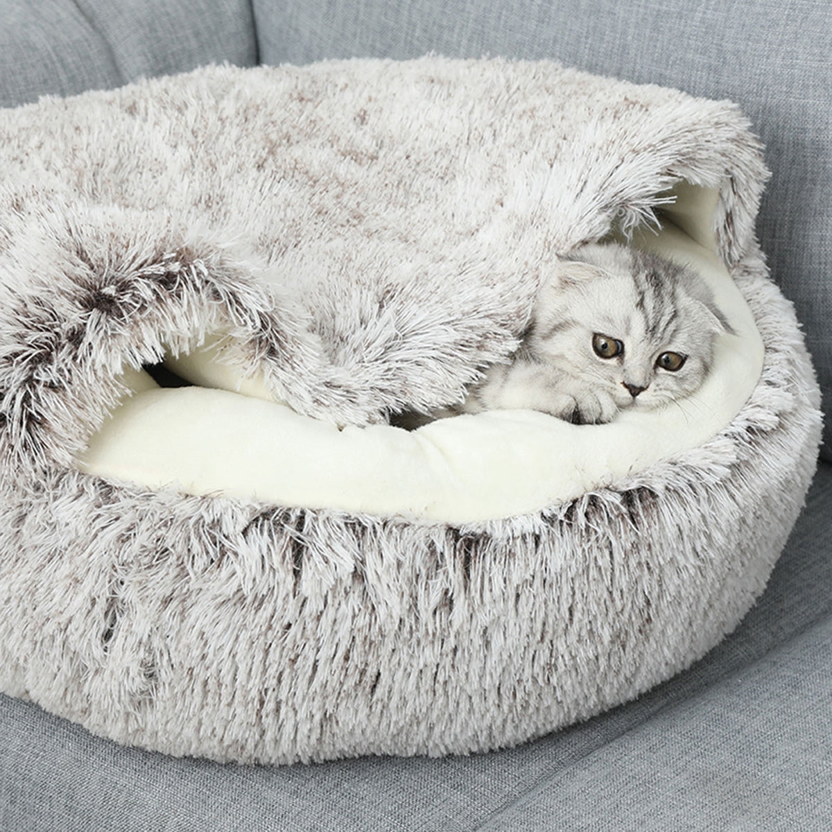 Calming Dog Beds & Cat Cave Bed with Hooded Cover, Removable Washable Round Beds for Small Medium Pets, Anti-Slip Plush Coved Bed for Pet (20"x20") P