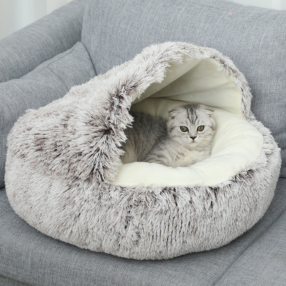 Calming Dog Beds & Cat Cave Bed with Hooded Cover, Removable Washable Round Beds for Small Medium Pets, Anti-Slip Plush Coved Bed for Pet (20"x20") P