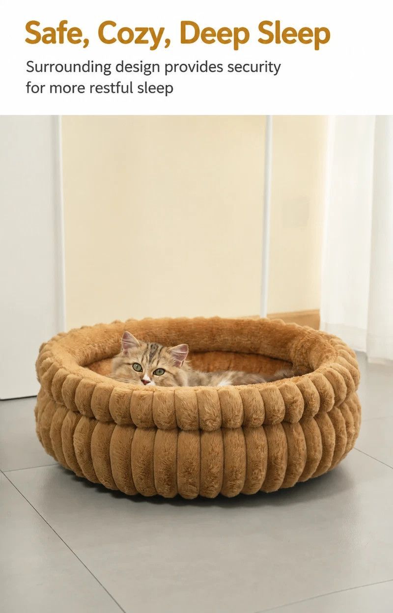 Round Plush Pet Bed with Removable Cover – Coffee, XL, 27.56 x 27.56 x 7.09in