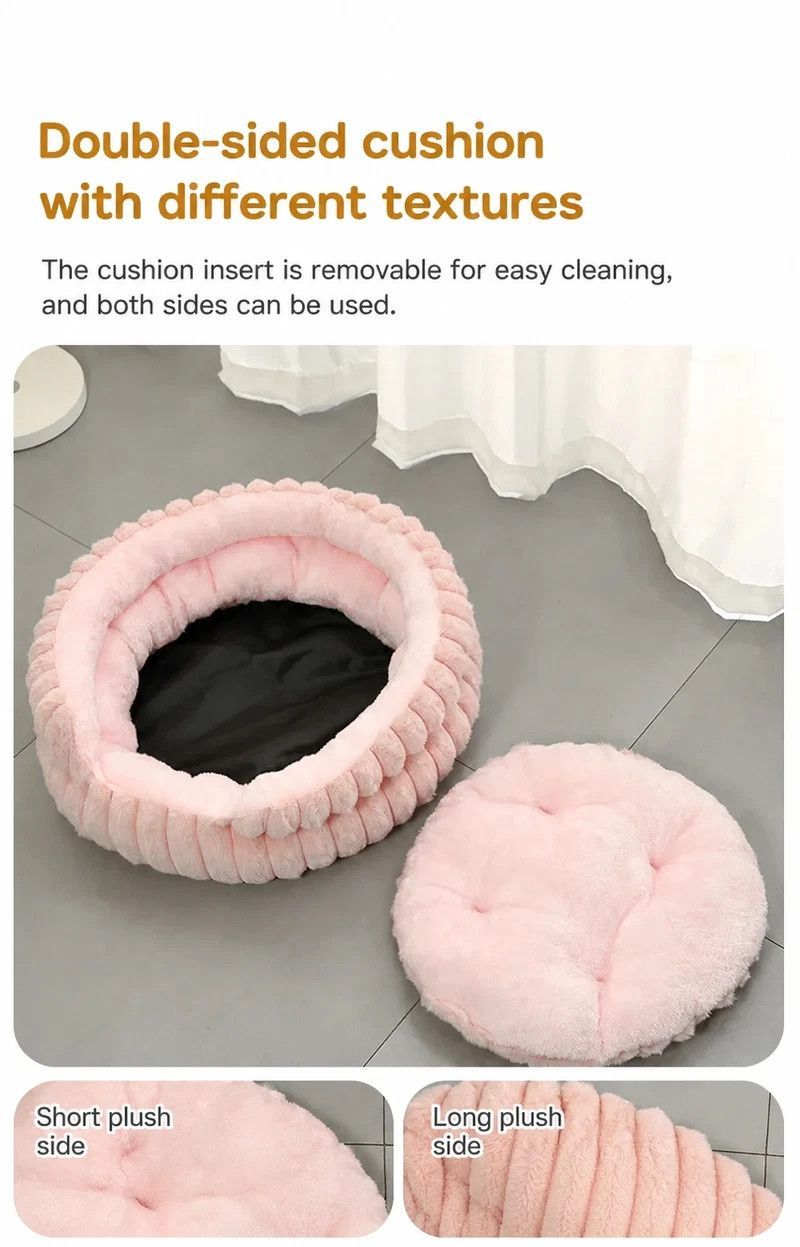 Round Plush Pet Bed with Removable Cover – Pink, XL, 27.56 x 27.56 x 7.09in