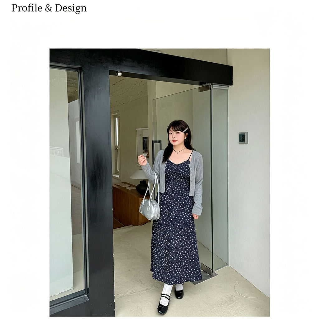 Dark Gray Size 4XL (Recommended 95.5-110kg / 210.5-242.5lbs) | Oversized Plus Size Dress Set | Christmas Extra Roomy Gift | Non-Restrictive Long Sleeve Cardigan Floral Two-Piece