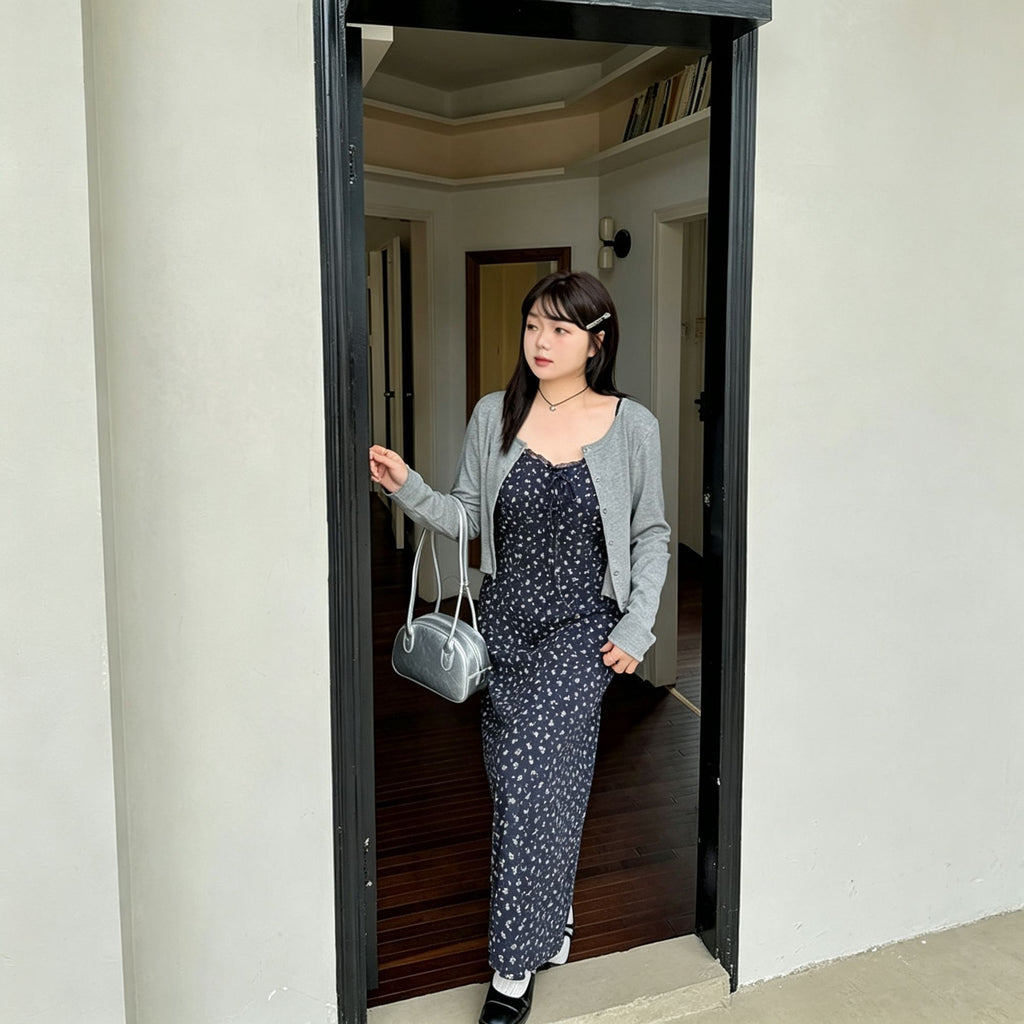 Dark Gray Size 4XL (Recommended 95.5-110kg / 210.5-242.5lbs) | Oversized Plus Size Dress Set | Christmas Extra Roomy Gift | Non-Restrictive Long Sleeve Cardigan Floral Two-Piece