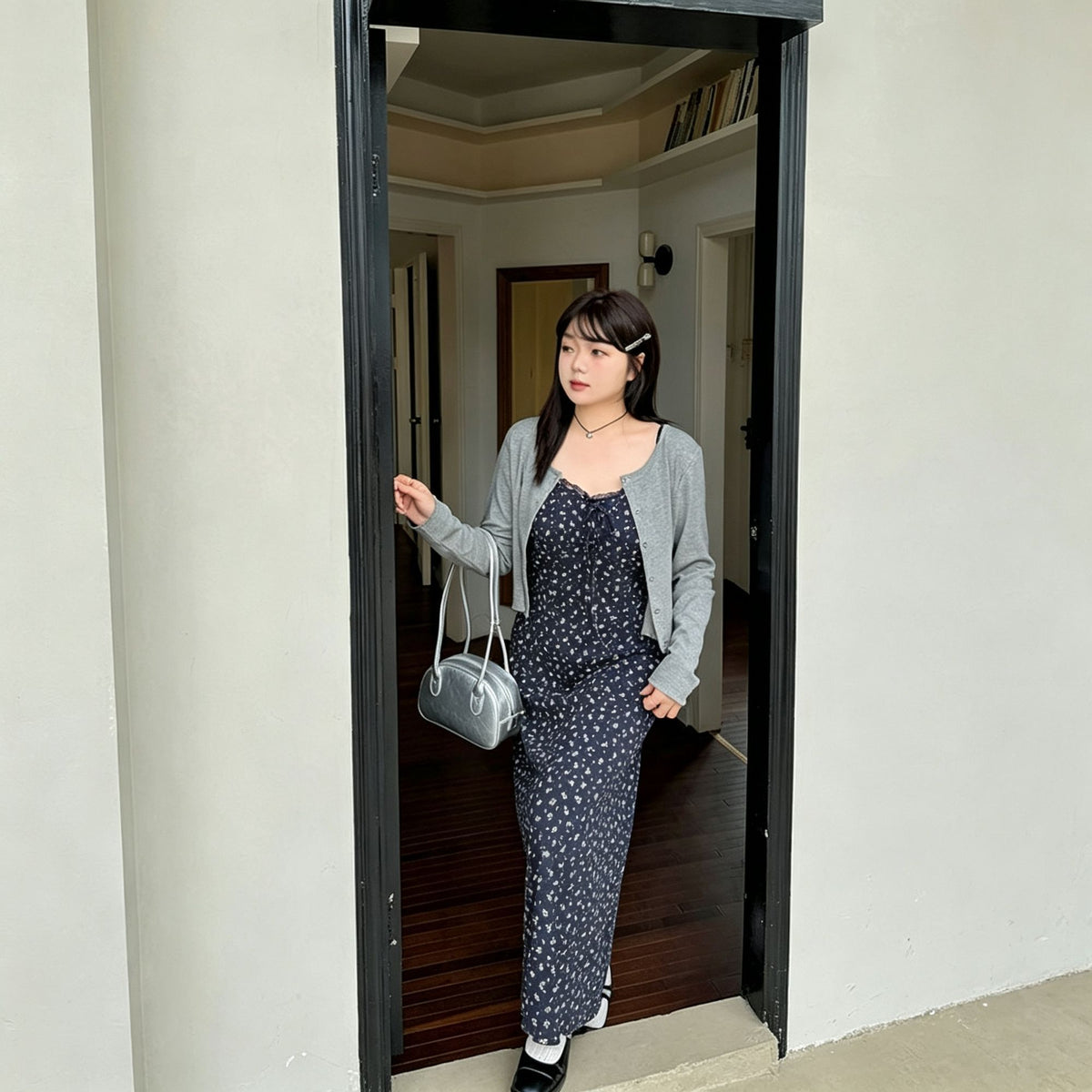 Dark Gray Size 4XL (Recommended 95.5-110kg / 210.5-242.5lbs) | Oversized Plus Size Dress Set | Christmas Extra Roomy Gift | Non-Restrictive Long Sleeve Cardigan Floral Two-Piece