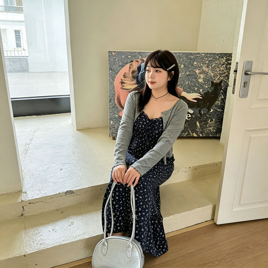 Dark Gray Size 4XL (Recommended 95.5-110kg / 210.5-242.5lbs) | Oversized Plus Size Dress Set | Christmas Extra Roomy Gift | Non-Restrictive Long Sleeve Cardigan Floral Two-Piece