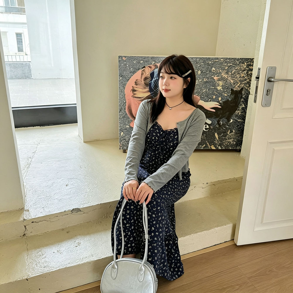 Dark Gray Size 4XL (Recommended 95.5-110kg / 210.5-242.5lbs) | Oversized Plus Size Dress Set | Christmas Extra Roomy Gift | Non-Restrictive Long Sleeve Cardigan Floral Two-Piece