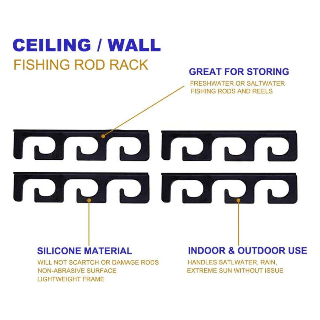 Set of fishing rod holders for garage, 6 rods - Fishing rod holders for wall and ceiling, fishing rod storage 0.46 Black