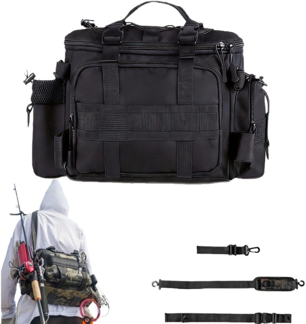 Fishing Tackle Storage Bag with Zipper and Rod Holder, Water-Resistant Carry Bag for Saltwater and Freshwater Fishing Gear