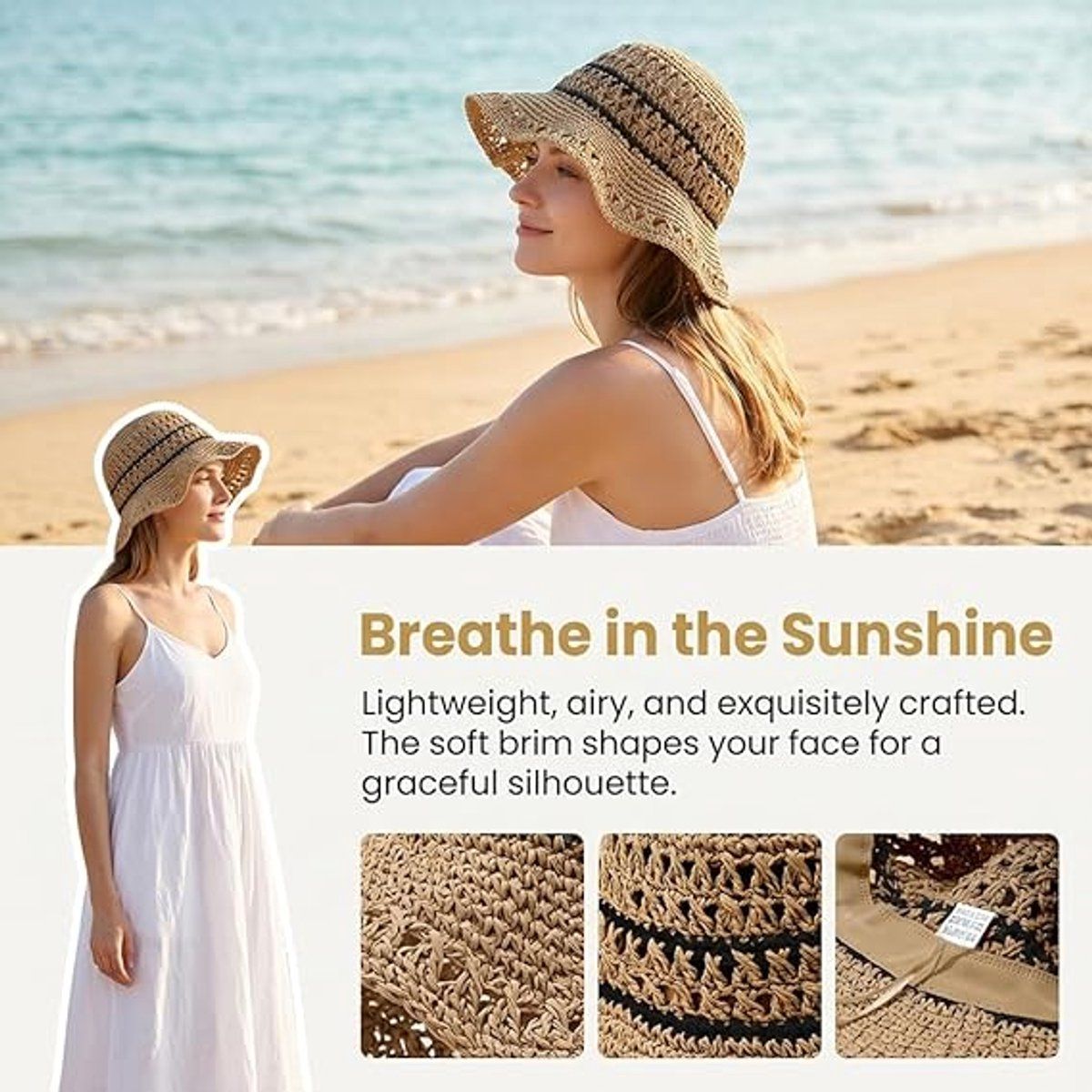 Women's Straw Beach Hat, Wide Brim Foldable Sun Hat with UV Protection, Adjustable Breathable Summer Hat for Garden Beach Travel, Beige