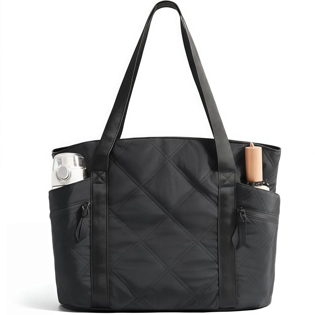 Quilted Laptop Tote Bag for Women 20L with Zipper, Work Travel Nurse Handbag, Black, 40X16X32CM
