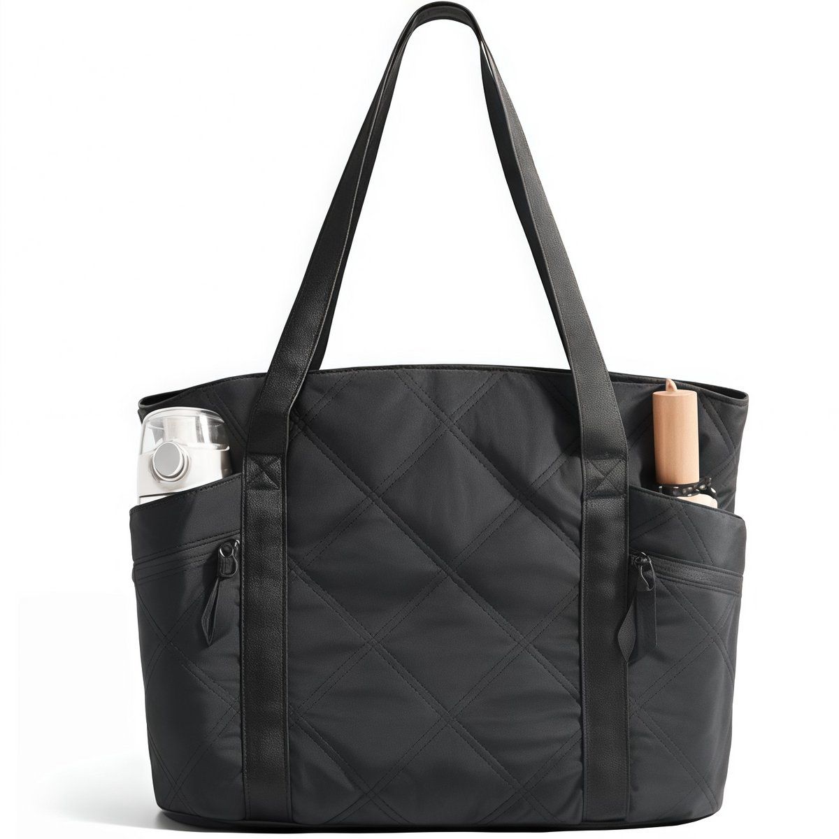 Quilted Laptop Tote Bag for Women 20L with Zipper, Work Travel Nurse Handbag, Black, 40X16X32CM