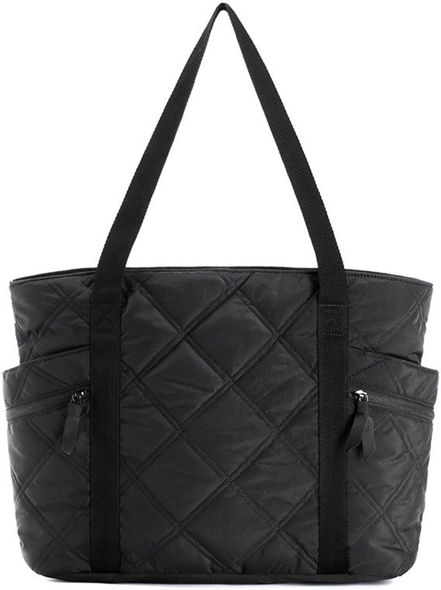 Quilted Laptop Tote Bag for Women 20L with Zipper, Work Travel Nurse Handbag, Black, 40X16X32CM