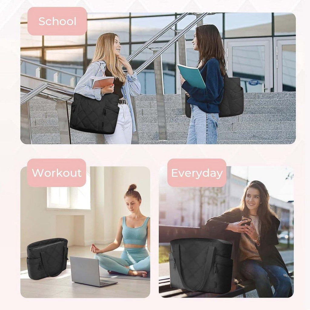 Quilted Laptop Tote Bag for Women 20L with Zipper, Work Travel Nurse Handbag, Black, 40X16X32CM